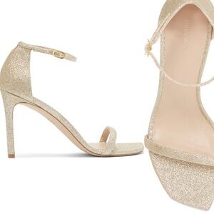 Stuart Weitzman Womens Shoes Heels Gold Glitter Thin Strap Stiletto Size 9